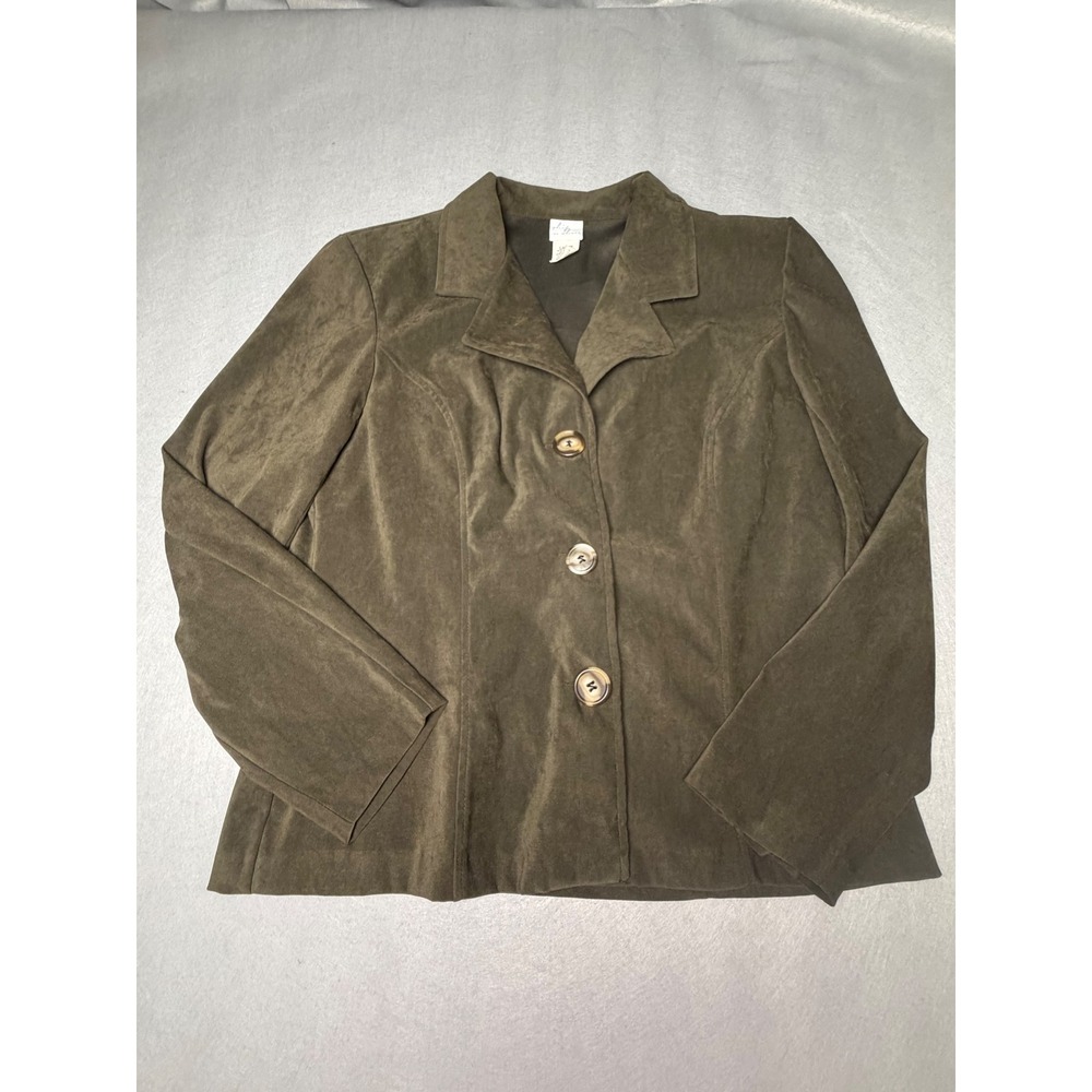 Ship'n Shore Womens Olive Green Faux Suede 3 Button Blazer Jacket Large